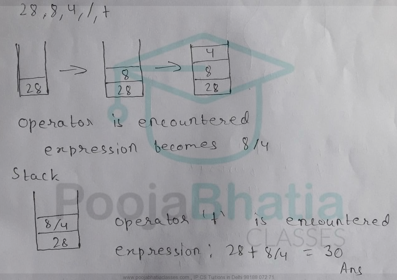 7. Evaluate following postfix expre­ssion using a stack : 28, 8, 4 ...